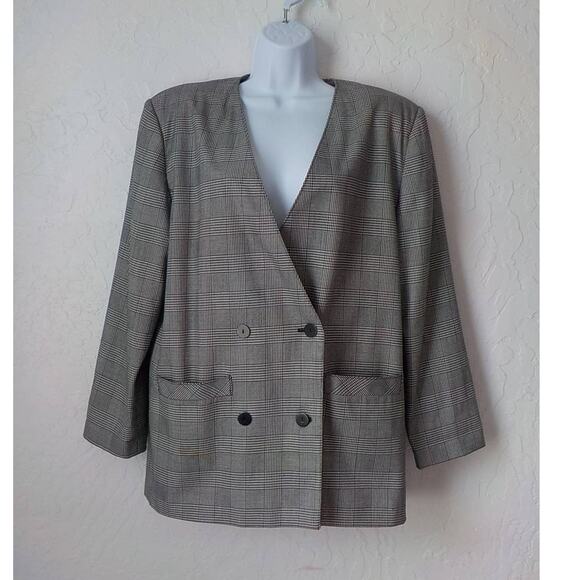 Vintage Alto Plaid Black White Blazer Button Up Women size 11/12 Shoulder Pads - Picture 11 of 11